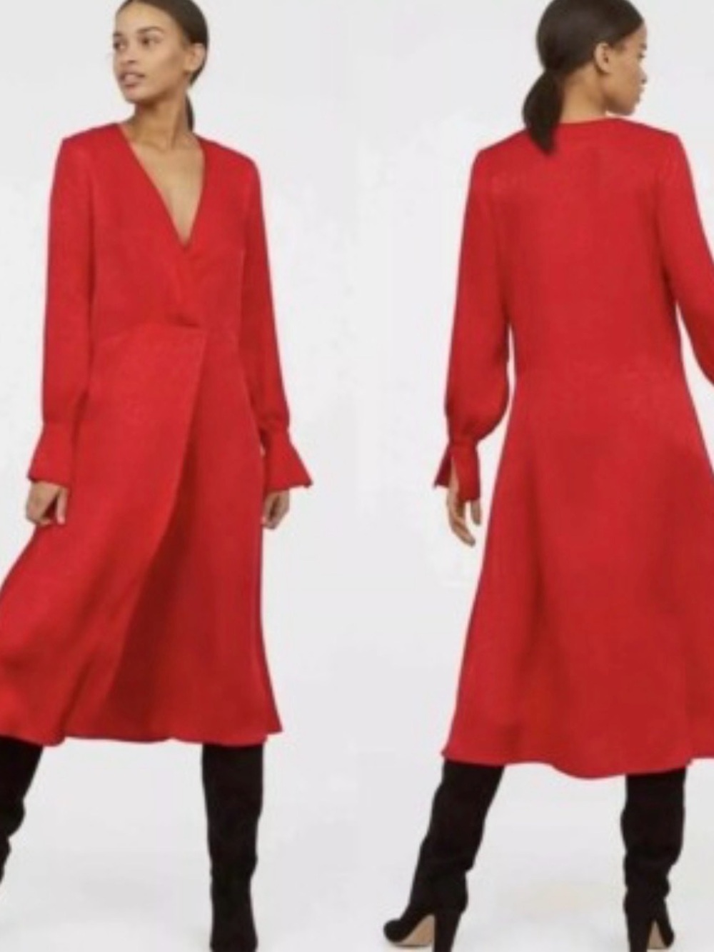 Elegant Red V-Neck Long Sleeve Midi Dress